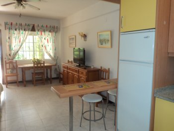 Vista cocina, salón y puerta de entrada